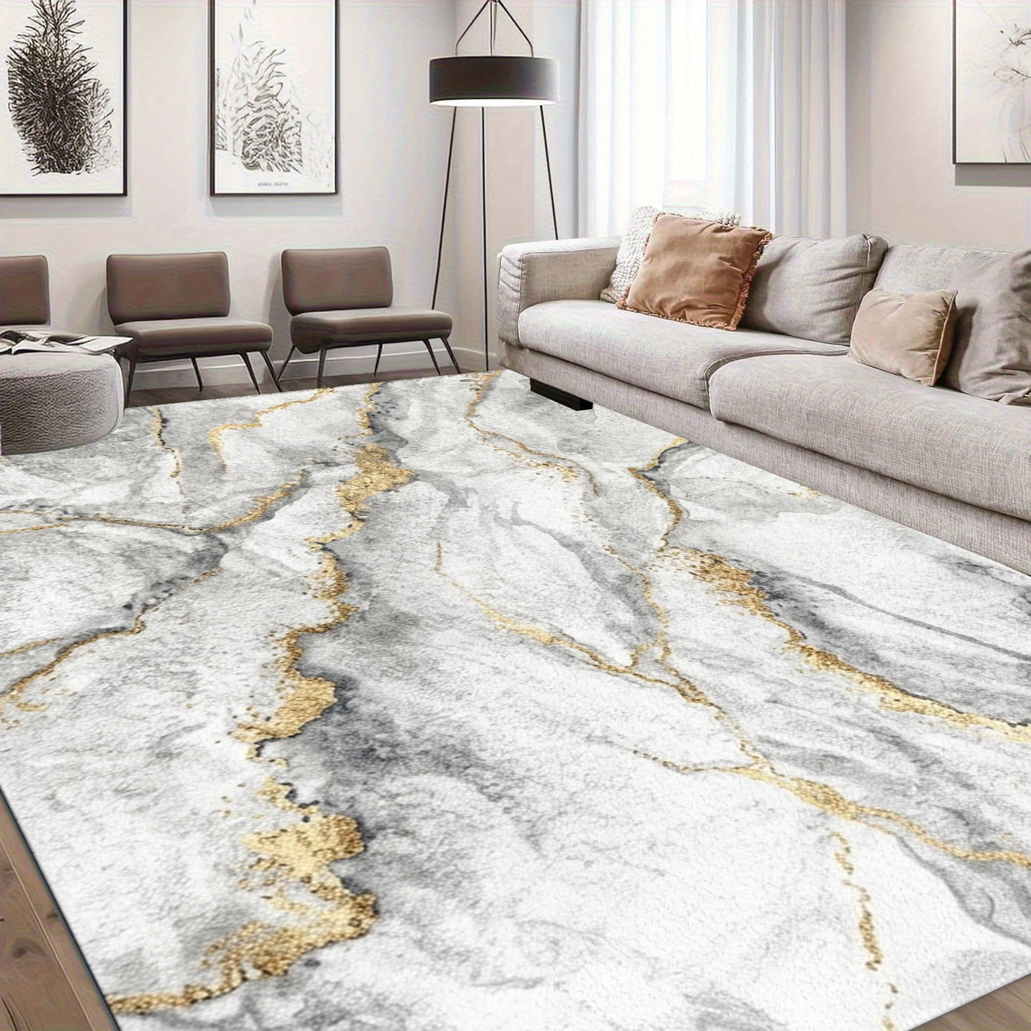 Grey White Gold Marble Pattern Area Rug Modern Ink Gilded Non‑Slip Floor Mat for Living Room Bedroom Home Decor