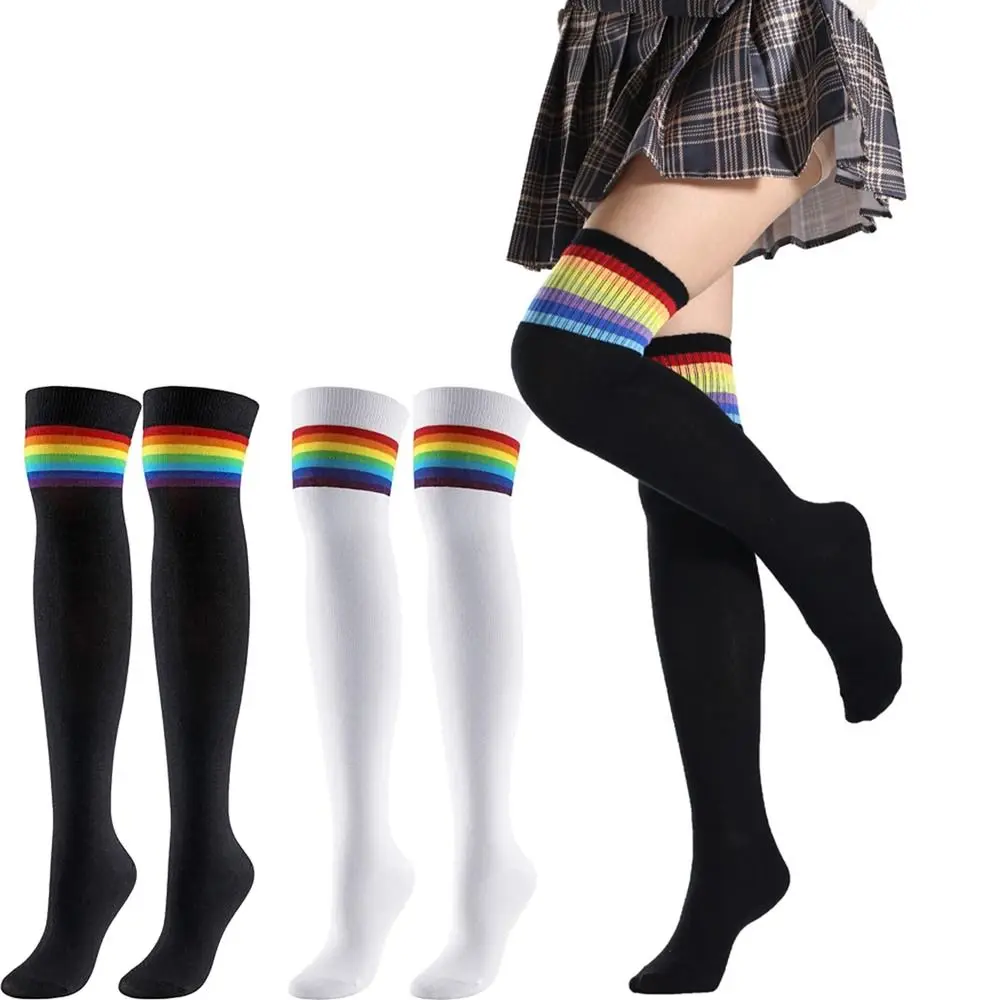 Rainbow Strips Thigh High Stockings Novelty Non Slip Soft Leg Warmers Breathable Shaping Long Knit Socks Winter