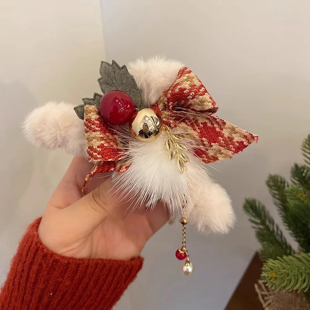 Grampo de cabelo de pelúcia de natal para mulheres elegante arco de inverno grampos de cabelo de pele sintética meninas festa de natal acessórios de cabelo