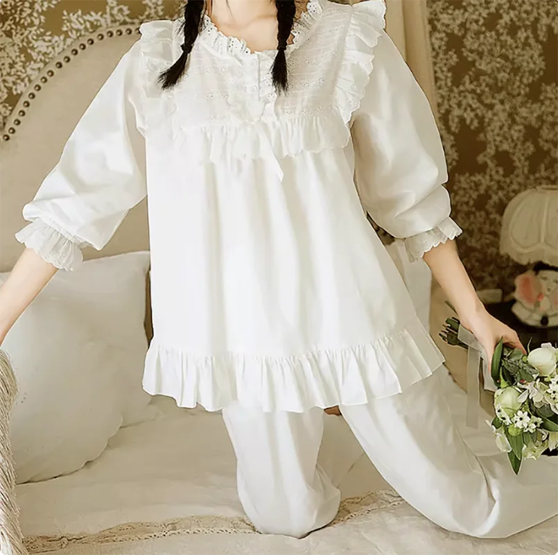 Women Princess Long sleeve Lace Ruffle Pajama Sets Tops+Pants.Vintage Ladies Cotton Pyjamas Set Victorian Girl\'s Home Sleepwear