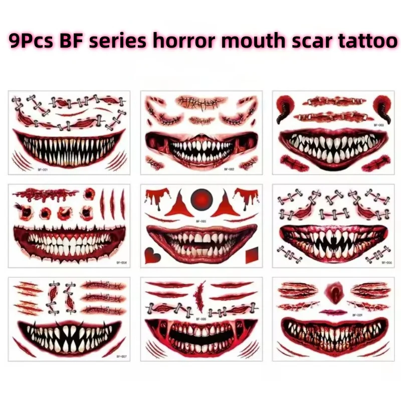 

9pc/set Scary Halloween Face Tattoo Stickers Funny Big Mouth Party Scars Horror Face Temporary Stickers Waterproof Body Stickers