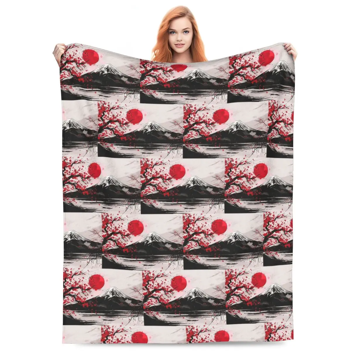Japan Sakura Cherry Blossoms With A Red Rising Sun Blanket Throw Blanket Multi-function for Couch Bedding Throws Bedspread Quilt