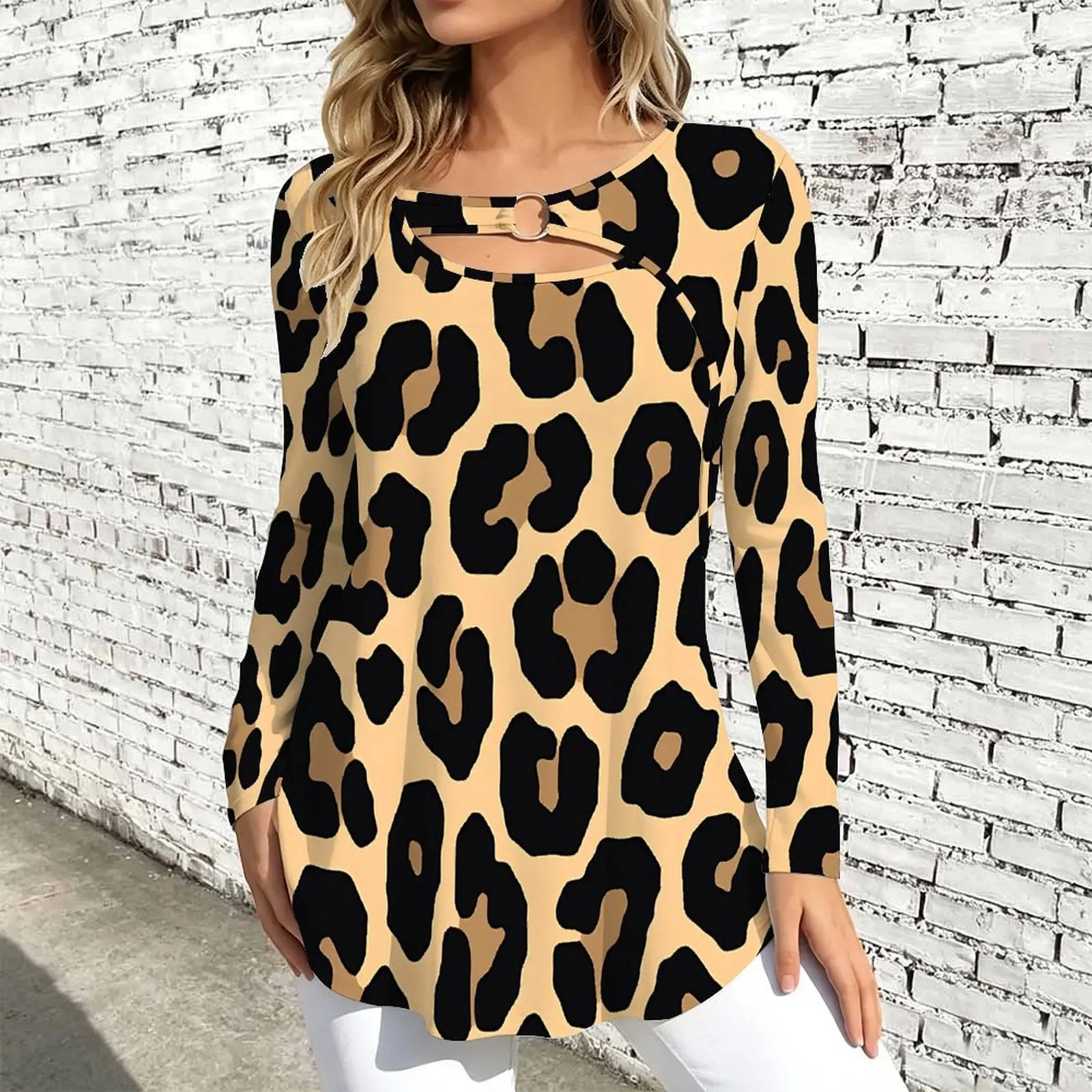 Women Long Sleeve Tunic Top Print O Ring Cutout Neck Loose A Line Hem Casual Ladies Blouse