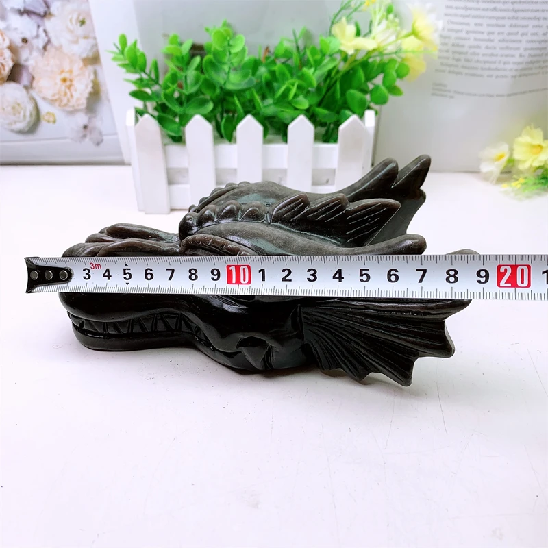 19cm Natural Silver Obsidian Dragon Skull Carving Healing Fengshui Animal Statue Room Decorative Healing Gift