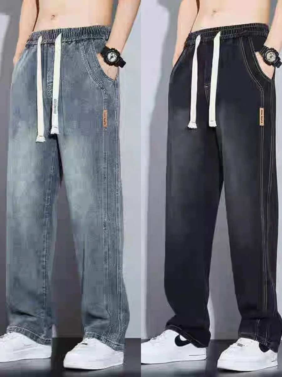 

American Retro Men's Jeans Straight Loose Large Size Spring Autumn Elastic Waist Wear Resistant Work Casual Long Pants