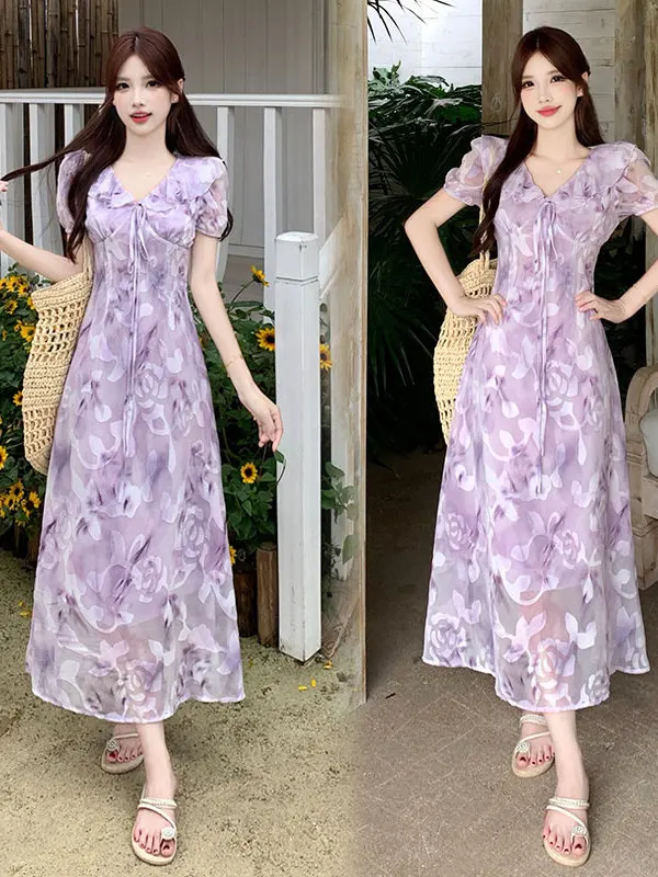 

plus Size Women's Gown with Ruffle Hem Dyed Purple Midi Dress Slimming A-Line French Style Printed Lightweight Summer Dress