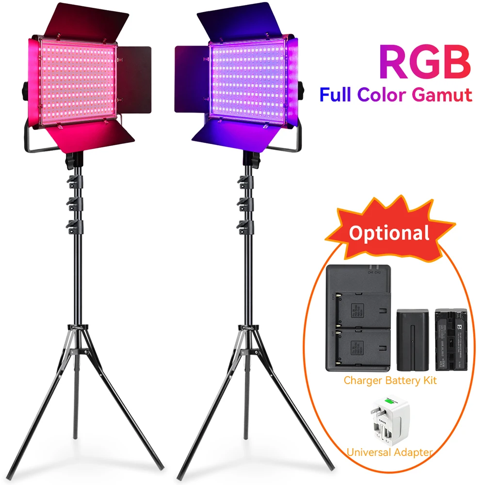 RGB LED Video Light Kits with Remote Control 360° Full Color Dimmable Bi-Color 2500K~9500K CRI 95+ LED Lamp Panel Fill Lighting