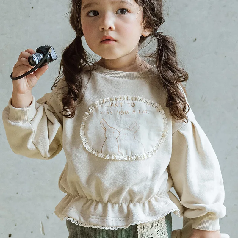 2024 autunno fragola Shan coreano ragazze e bambini carino piccolo coniglio Patchwork pizzo a vita corta con cappuccio