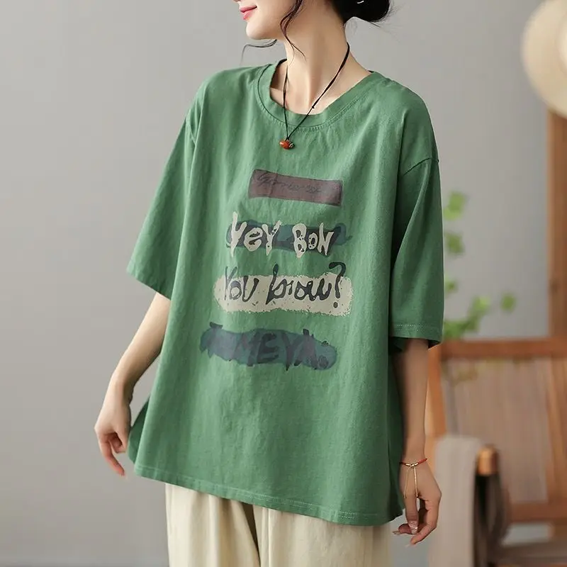 Women's Summer New Retro Commute Short Sleeved Letter Printed Korean Round Neck Solid Color Loose Oversized Casual T-shirt Tops