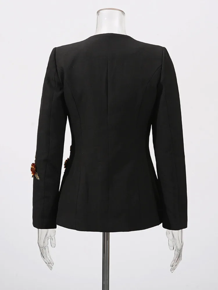 ZMEENNA المرأة السوداء الأزهار السترة العميق U الرقبة دعوى سترة طويلة الأكمام أنيقة ملابس خارجية للحفلات تناسب شيك قمة الموضة ZM3219