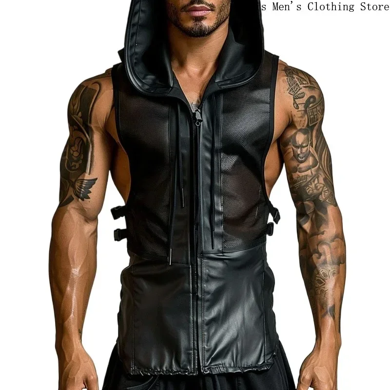 Motorcycle Leather Vest Top Men\'s Leather Stitching Net Shirt Sexy See-through Hooded Vest Muscular Men Fitness Vest Tank Top Me