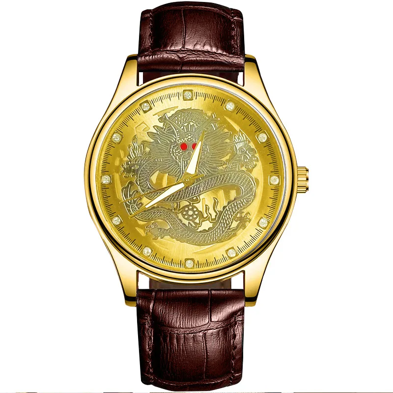 China Style Dragon Watch Men Luxury Gold Watches Brown Leather Band Quartz Wristwatches Man Watch Reloj Hombre Montre Homme