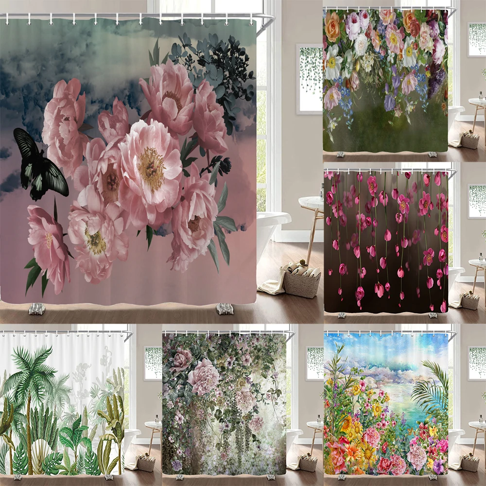 

Beautiful Big Flowers Shower Curtain Printed Modern Nordic Retro Flower style Polyster Home Decor Bathroom Curtains with Hooks
