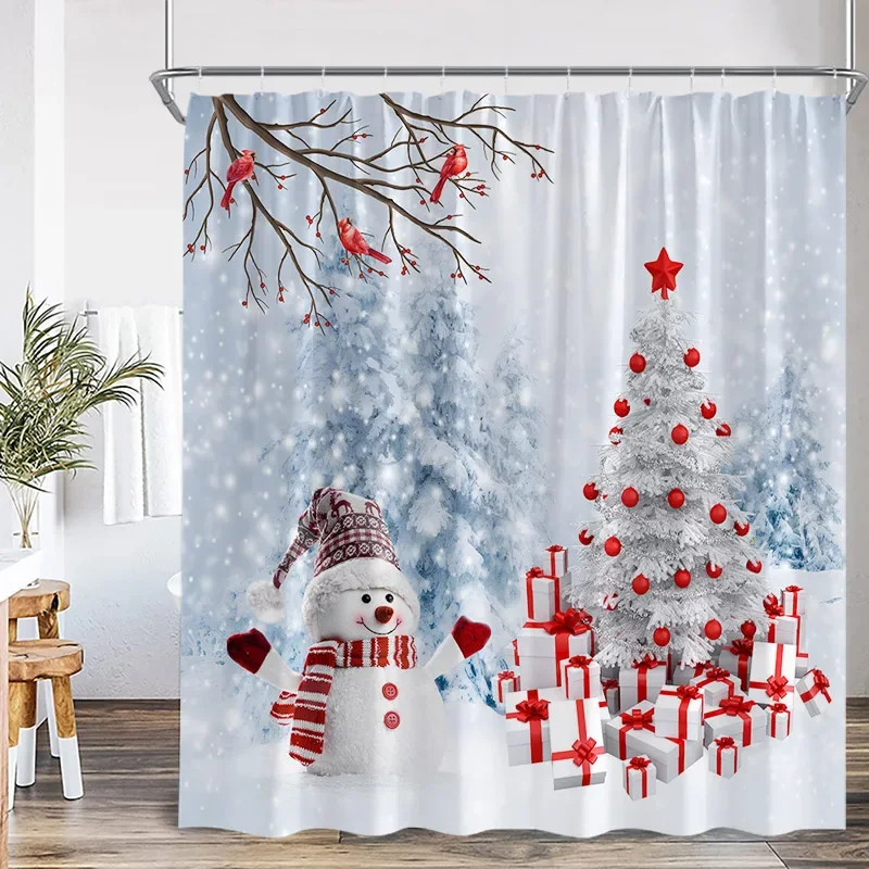 Snowman น่ารักผ้าม่านอาบน้ําคริสต์มาส Xmas Tree ของขวัญฤดูหนาวป่า Red Bird Cedar Snowflake ทิวทัศน์บ้านผ้าม่านห้องน้ํา D % 4¥ p