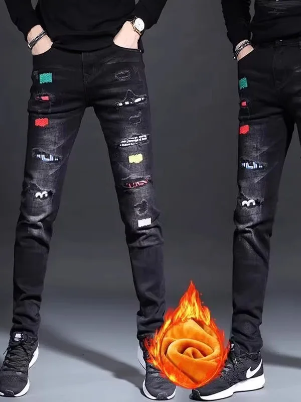 

High-End Elastic Fce-Lined Men's Jeans Slim Fit Distred Patchwork Embroidery ular Casual Autumn Winter Blue Denim