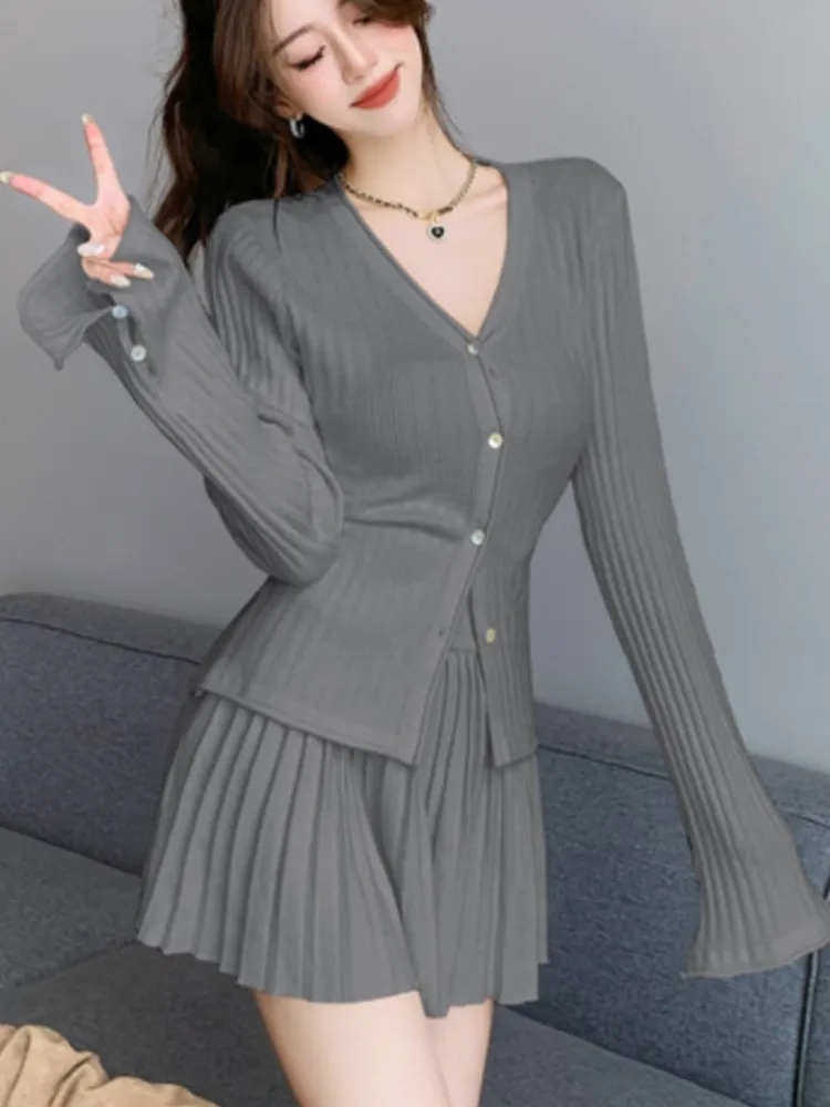 Y2K Elegant Two-piece Solid Skirt Sets Women V-neck Long Sleeve Knitted Cardigan + Mini Pleated Skirt Autumn Korean Chic Suit