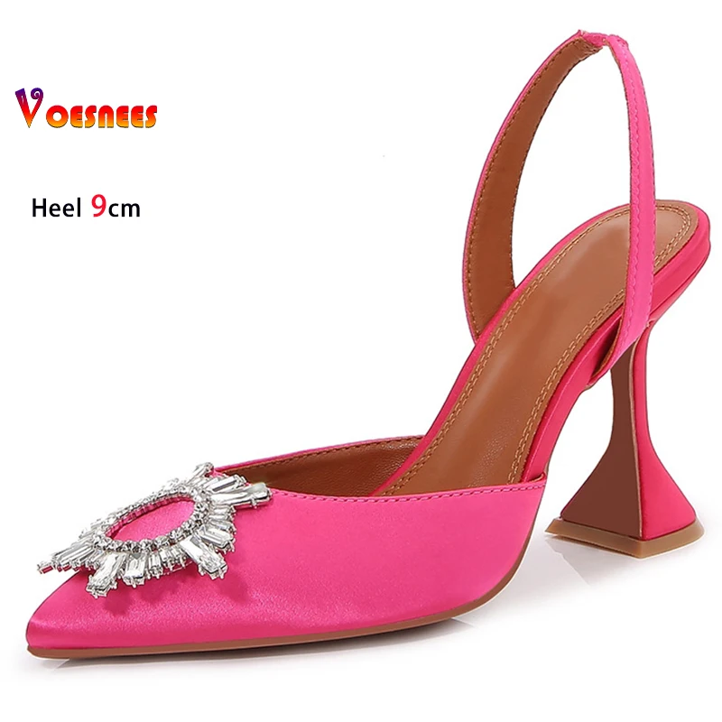 

Розово-красные женские туфли на высоком каблуке, шелковые атласные остроконечные женские туфли-лодочки на тонком каблуке, сандалии с пряжкой и кристаллами подсолнечника, туфли для вечеринок