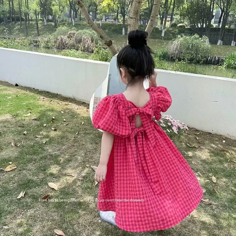 

Rose Pink Plaid Bow Dress Elegant Lolita Child Big Girls Dress Children Dresses Teens Party Princess Sundress