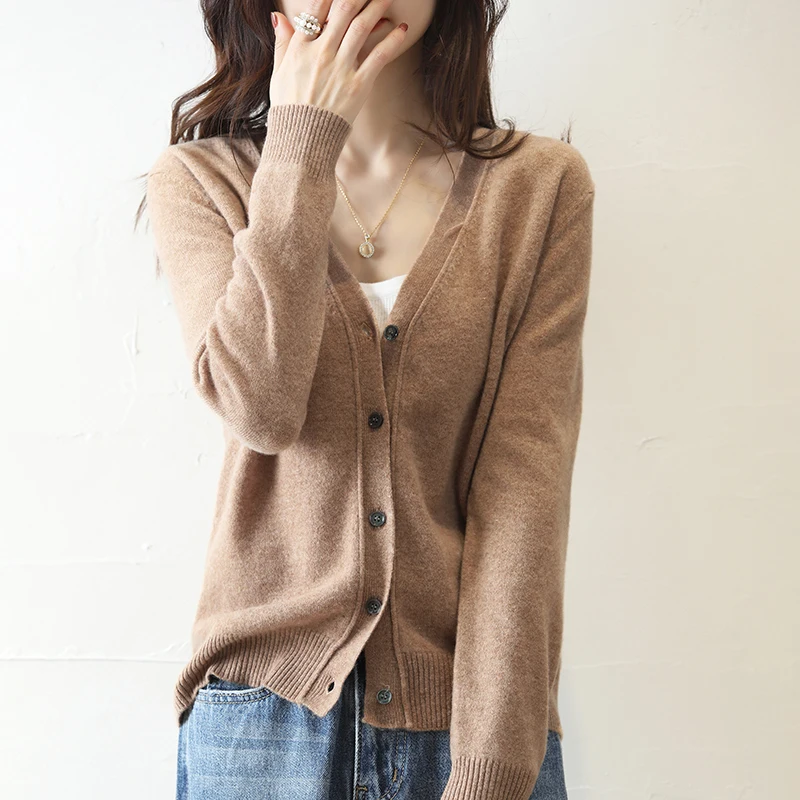 Women's Knitted Wool Cardigan Spring New Elegant Fashion V-Neck Single Breasted Sweater Long Sleeve Casual Coat Loose Chic Top