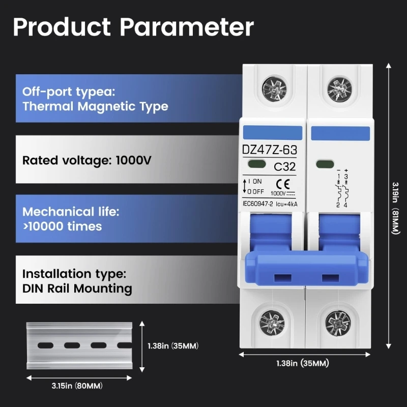 2P 1000V Direct Current Breaker with DIN Mount for Solar Battery Storage and Industrial Electrical Installations