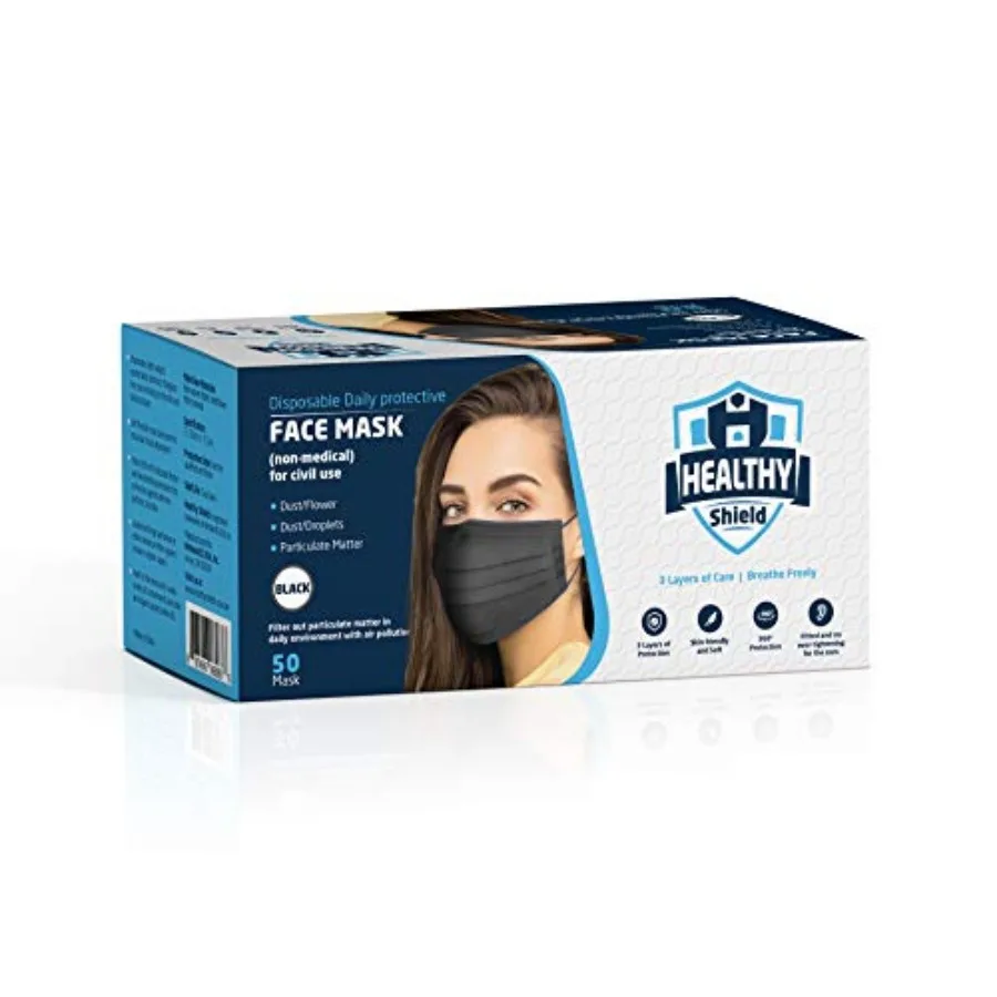 

Healthy Shield 50pcs Disposable 3-Ply Safety Face Mask, Comfortable Ear Loop and Breathable, Non-Woven, Mouth Covers, Nose Clip