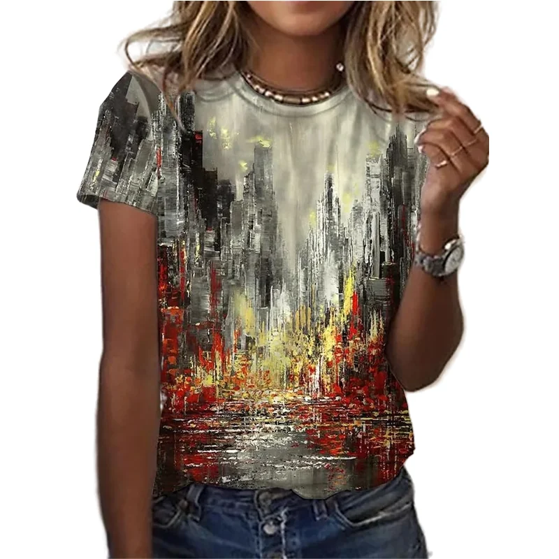 Women Casual T Shirt 3D Floral Oil Painting Round Neck Short Sleeve Summer Oversized Fashion Sweatshirt Gym Sport Tracksuits Tee