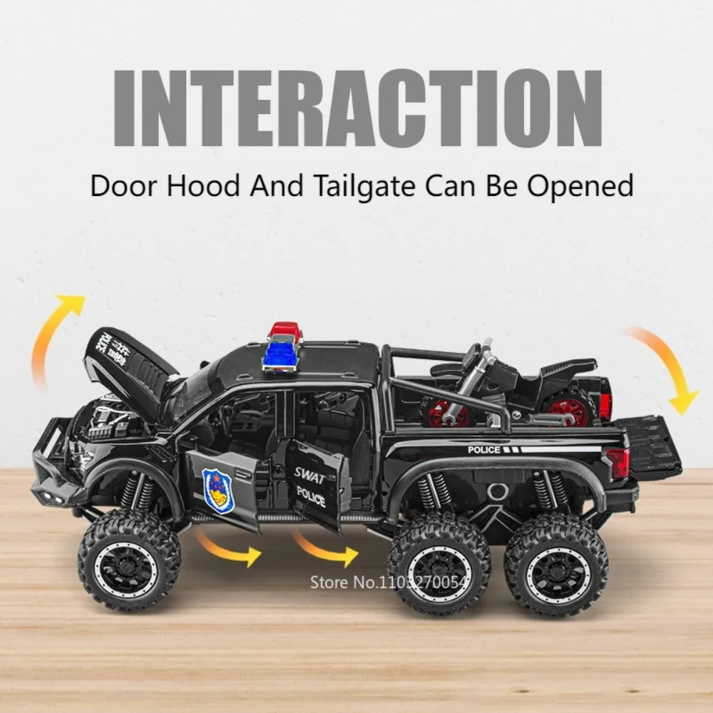 1/28 Raptor F150 Pickup Model Car Toys Diecast Alloy Off-road Police Cars 6 Doors Opened Sound Light Pull Back Toy For Kids Gift