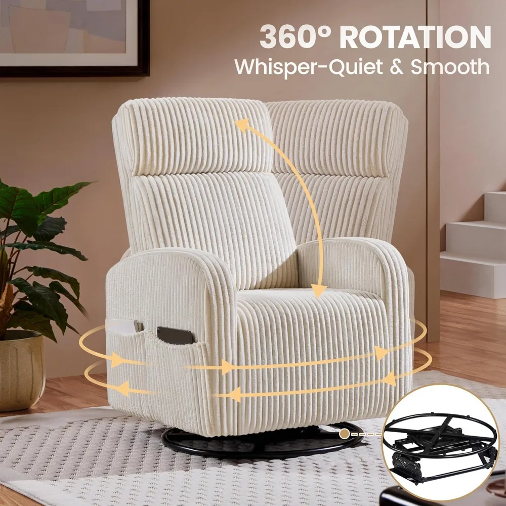 360°Swivel Glider Chair,Rocking Chair Nursing Chair with Side Pockets,Corduroy Glider for Living Room with Back Beige,Sofa Chair