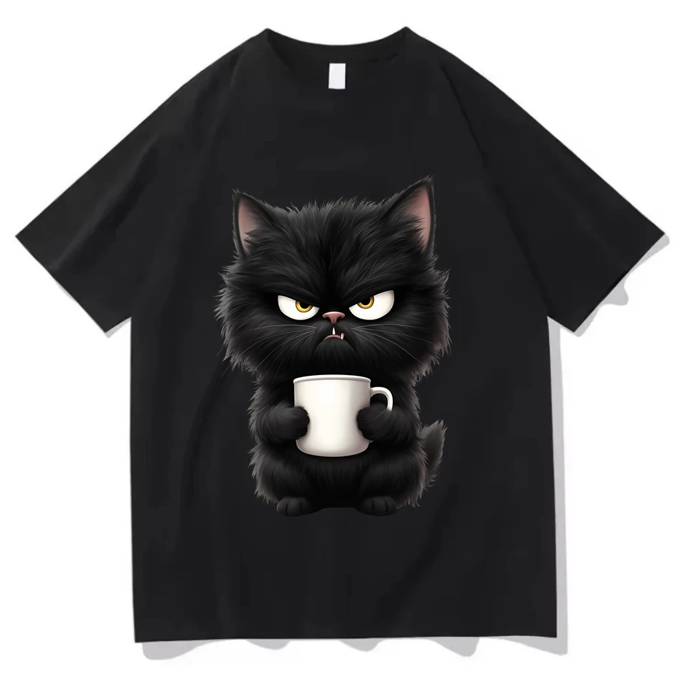 Angry Black Cat Drinking Coffee T Shirt Funny Animal Graphic Tee Vintage Aesthetic Harajuku Streetwear Top Casual Unisex Tshirt
