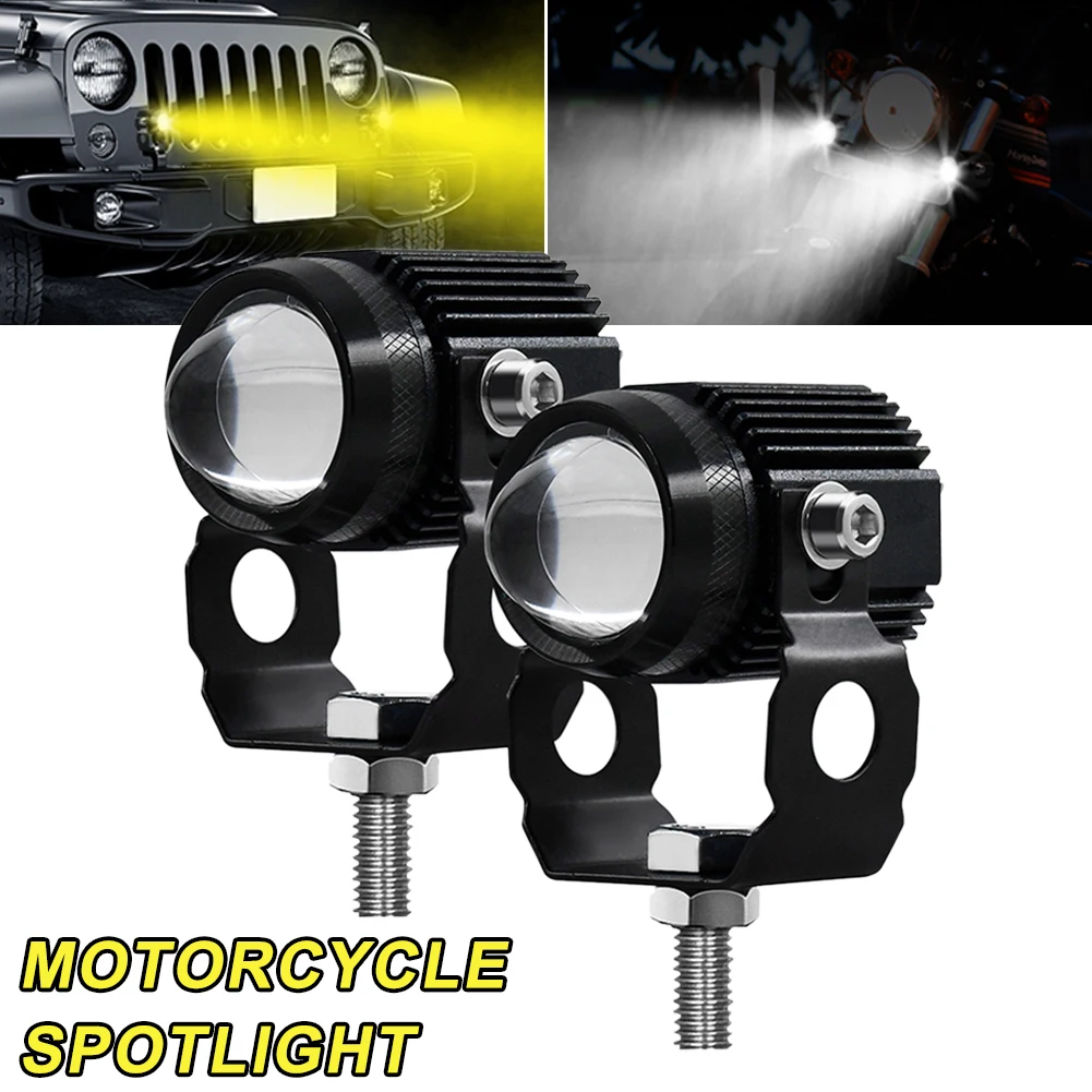 Motorcycle LED Headlamp Projector Lens Dual Color Spot Fog Light Auxiliary Lamp for ATV Scooter Driving Coffee Racer