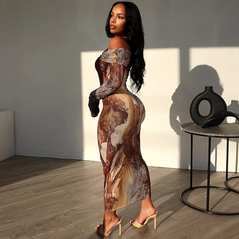 ربيع الخريف كم طويل مطبوعة المرأة Bodycon فستان قبالة الكتف مثير حفلة فستان طويل خمر عادية بسيطة الشارع الشهير رداء