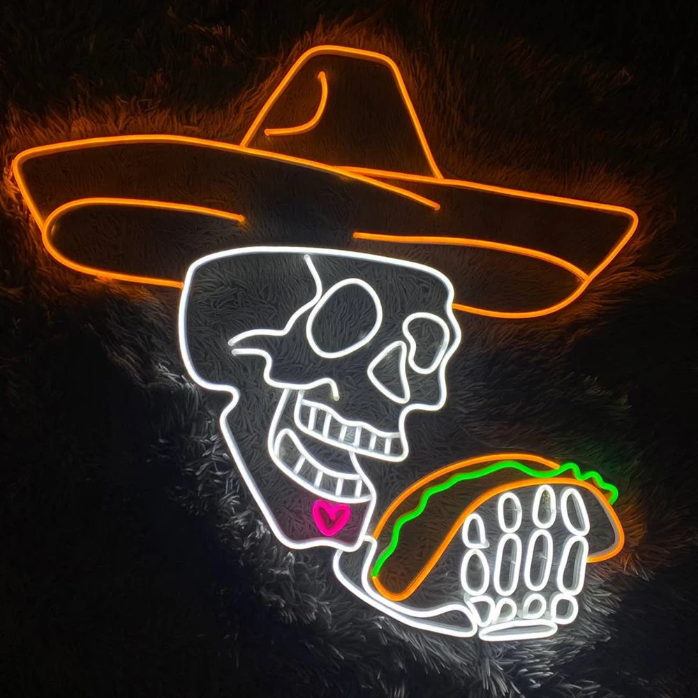 Neon Sign Mexican Skull Taco Led Light for Mexican Tacos Shop Signs Fast Food Store Restaurant Wall Decoration Custom Neon Sign