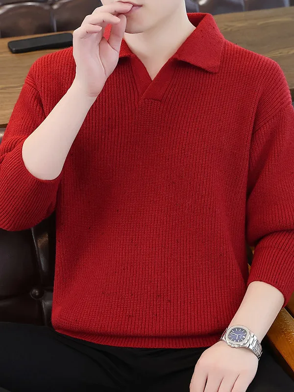 

Men's Collared Knitwear Faionable Trendy Pure Color Base irt Regular Fit Soft Acrylic Casual Sle Winter Long Sve