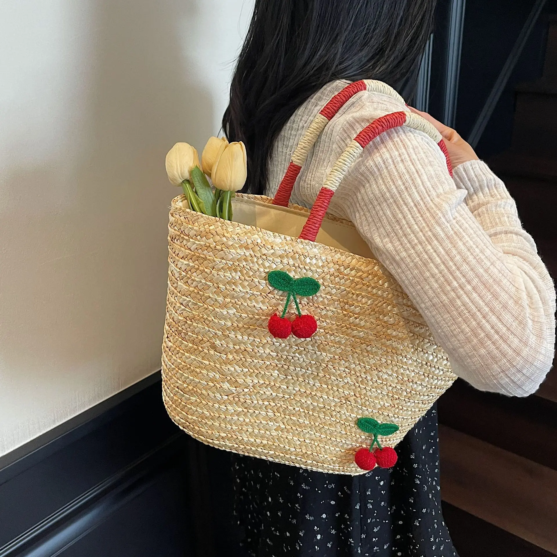 

​2025 Summer Cherry Woven Bucket Bag - Adjustable Boho Beach Purse, Lightweight Openwork Tote & Vacation Crossbody for Women​