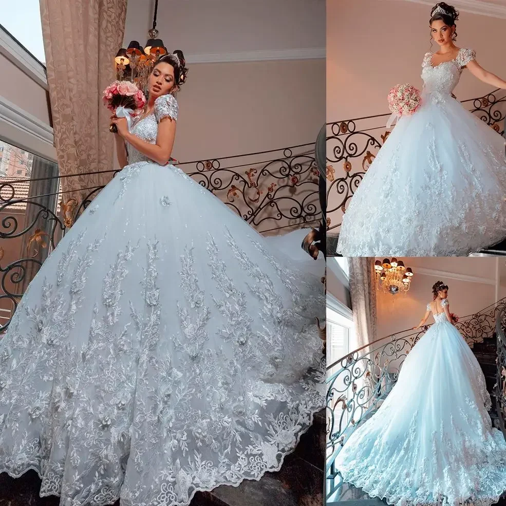 ที่กําหนดเอง Scoop 3D ลูกไม้ Appliques Saudi คําชุดแต่งงาน Sweep Train Ballgown แขนสั้นชุดเจ้าสาว 2025