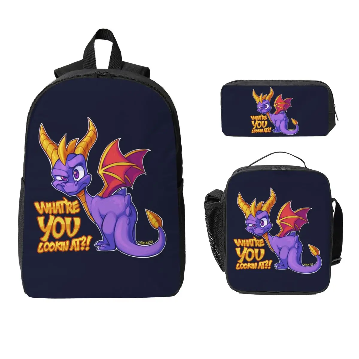 Spyro Pattern Backpack Boys Girls BookBag School Bag Laptop Shoulder Bags 3ps Insulated Lunch Bag Pencil Case