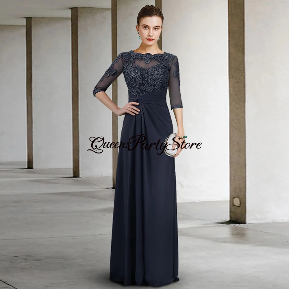 Elegant Mother of The Bride Dress Evening Party Dresses 3/4 Sleeves Applique Navy Chiffon Wedding Guest Gown for Mom  Groom