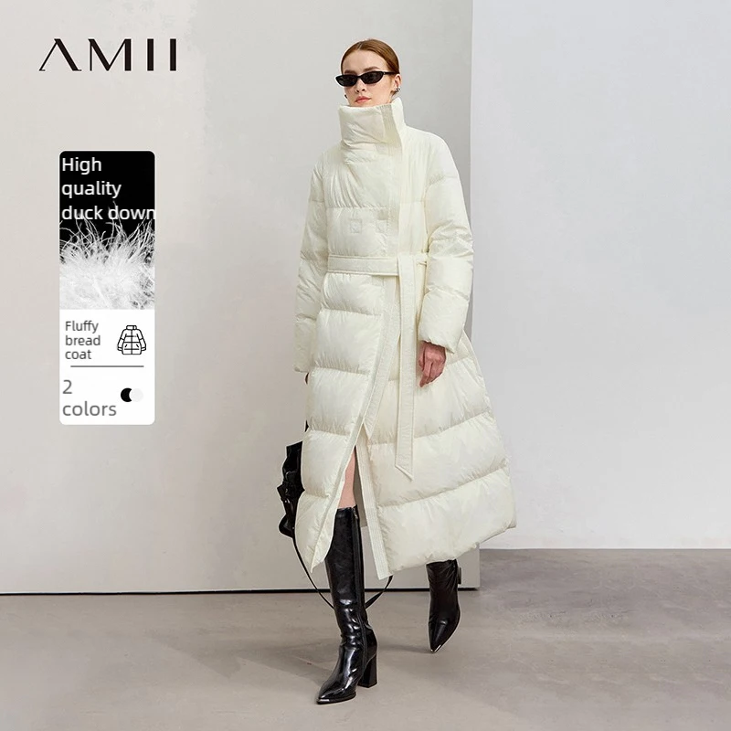 

Amii Down Coats 2025 Winter New Office Lady With Belt Warm Versatile Outerwear Solid Loose Down Jacket Women Long Top 12524055
