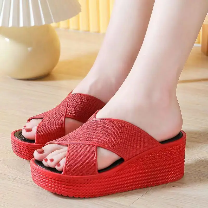 2024 Summer New Woman\'s One Word Hollow Wedge Slipper Thick Sole Non Slip Home Slip Outdoor Beach Slippers Bathroom Slippers