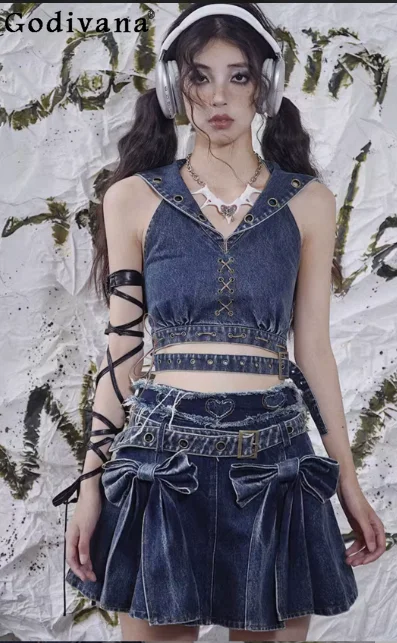 Summer New Punk Chic Rock Denim Backless Strapless Short Top Fashion Slim Sexy Versatile Personality Blue Lace-up V-neck Tops