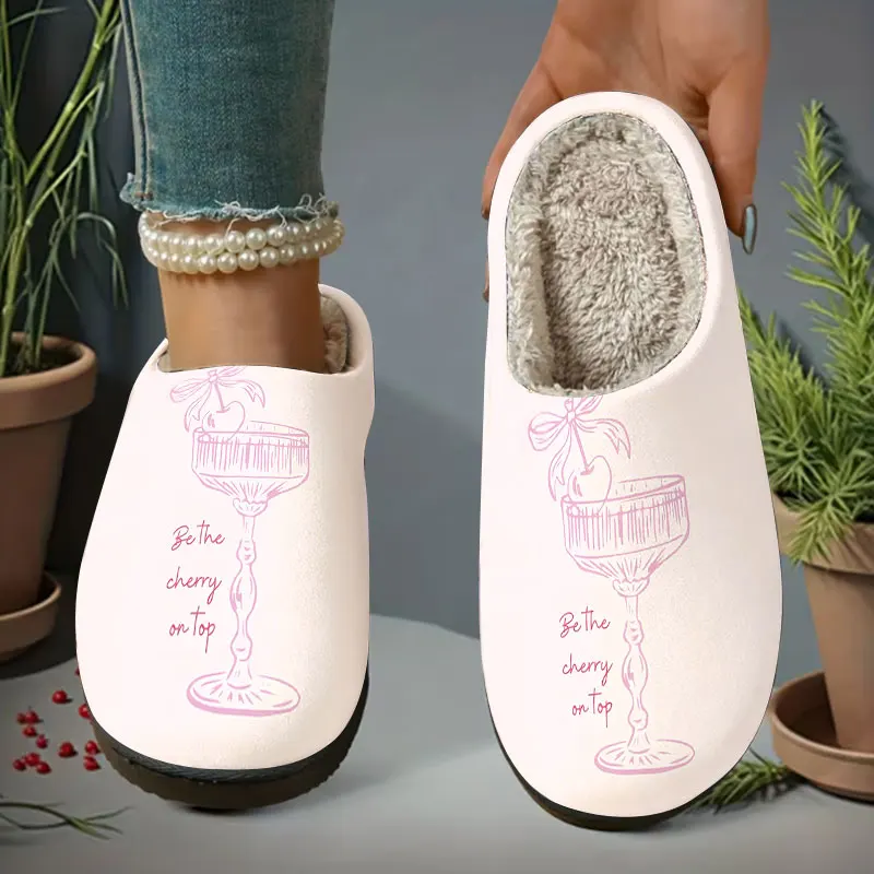 Cocktail Glass Pink Print Women's Winter Warm Plush Slippers Fuzzy Fleece House Slippers Indoor Shoes view 6