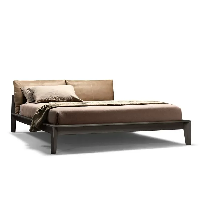 

Top layer leather solid wood bed Nordic modern simple down double bed 1.8m master bed