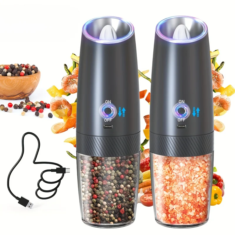 2pcs Gravity-sensing Electric Salt And Pepper Grinder, USB Rechargeable, LED Light, One-hand Operation, Adjustable Coarseness