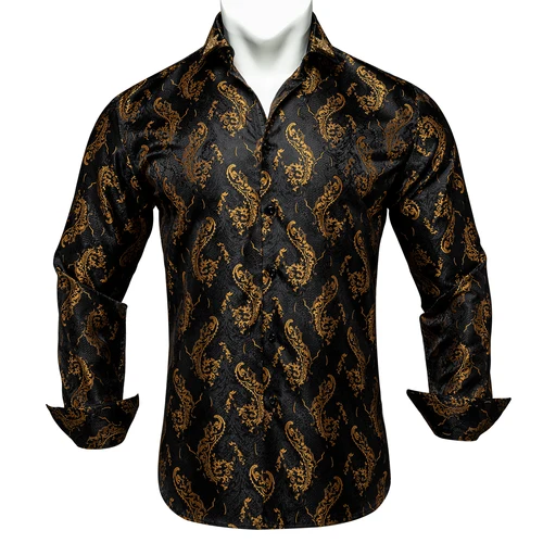 Imagen 2 del producto Camisas de vestir de negocios para hombre, camisa Formal de manga larga con cuello abotonado, ajustada, informal, de primavera, color negro y dorado