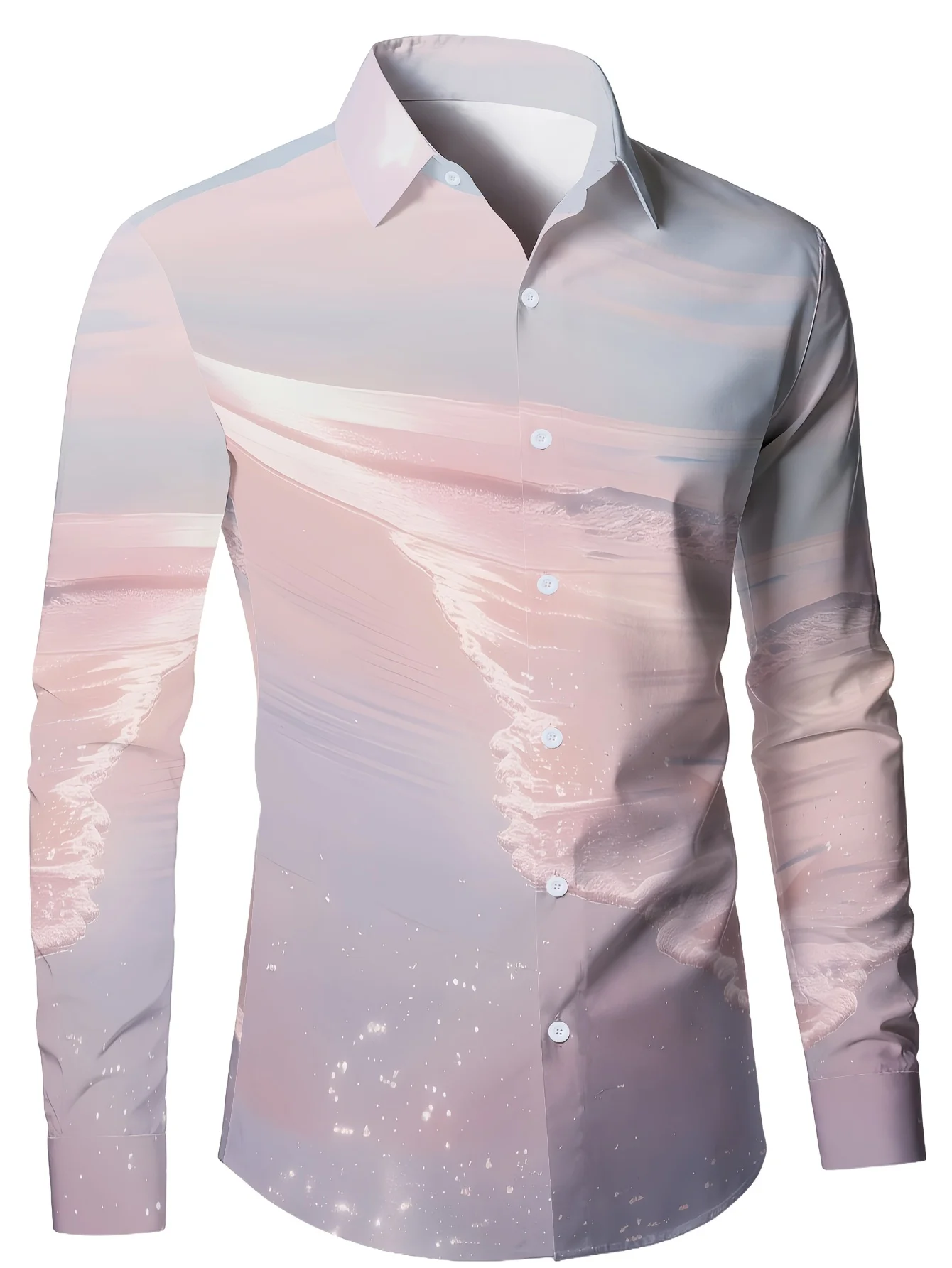 Men Long-Sleeve Button-Down Shirt Pink Purple Sunset Ocean Landscape Print Polyester Lapel Collar Vacation Top
