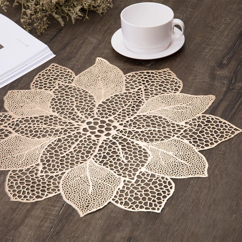 4/6PCS Lotus Flower PVC Placemat Western Food Cushion Tablemat Bronzing Hollow Decoration Mat For Restaurant Kitchen Antislip