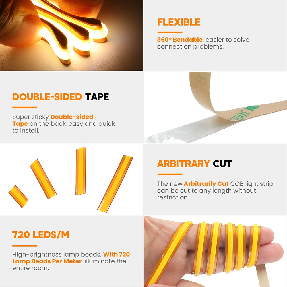 720LEDs/m Super Bright COB LED Strip Light 24V Flexible LED Strip Light with Adhesive High Density Linear Lighting 0.5m 1m 3m 5m