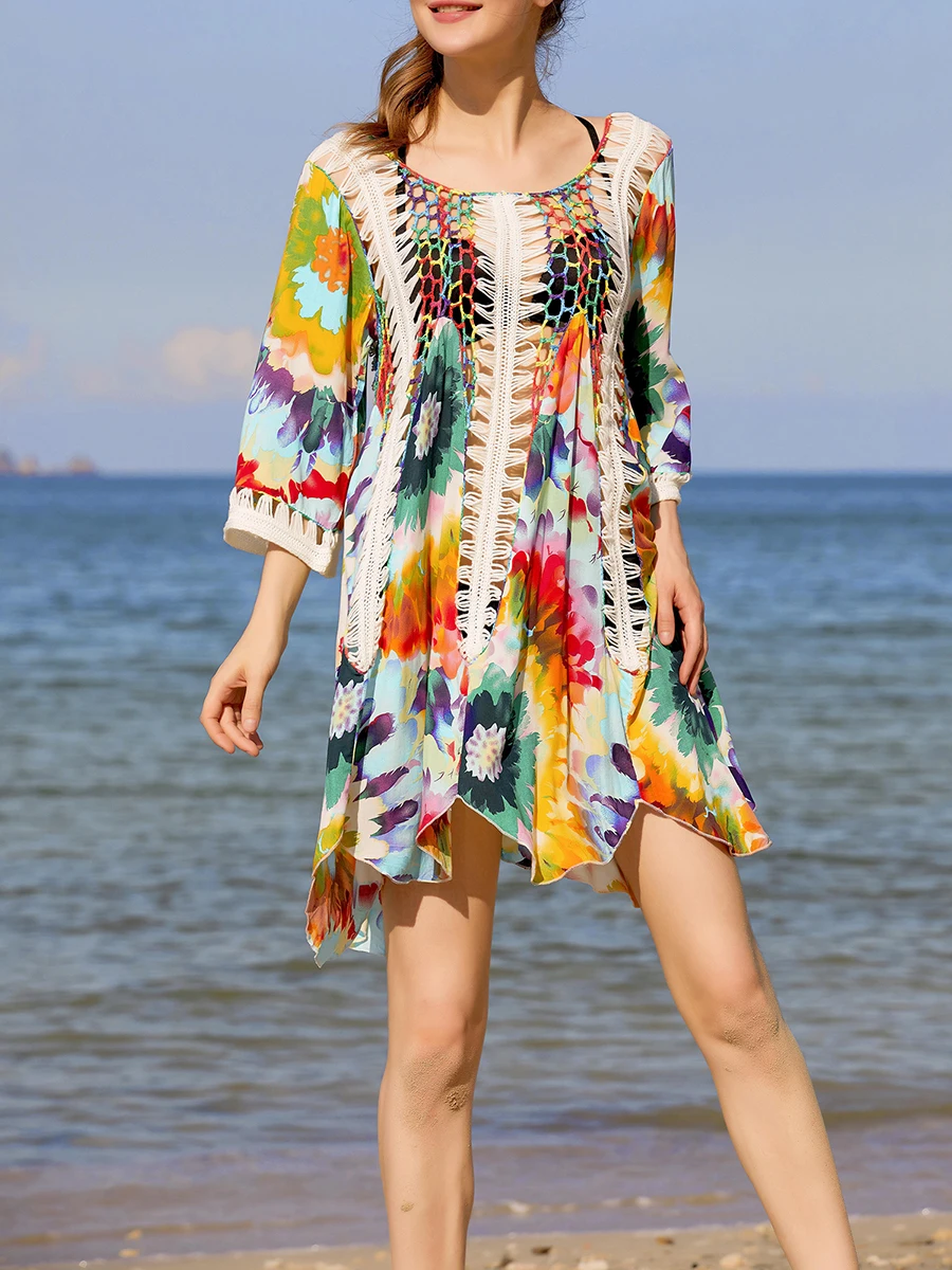 Women's Dress Casual Beach Cover Up Colorful Print Hollow-Out Summer Swimsuit Coverup Crochet Bathing Suit Cover Ups Dresses