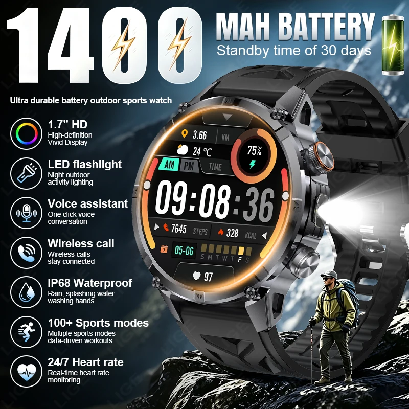 LIGE New 1400mAh Big Battery Smart Watch Men Outdoor Flashlight IP68 Waterproof Bluetooth Call Military 100+ Sports Smartwatch