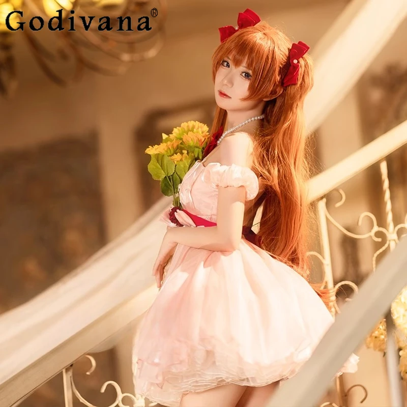 Conjunto de vestido cosplay sussurro de flor feminino asuka langley doce vestido rosa feminino role play uniforme roupa de halloween conjunto completo